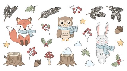 Cute woodland animals fox owl and rabbit with winter accessories perfect for nursery art designs