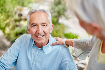 Shoulder, support and senior couple outdoor for care, connection and bonding together with trust....