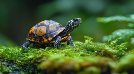 Obraz premium A striking orange and black patterned turtle sits on lush green moss, appearing ready to jump. Dynamic wildlife photography.