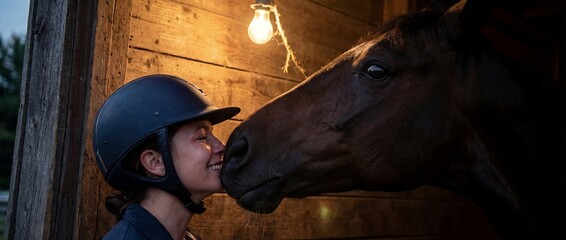 Woman interacts with horse in stable during evening hours
