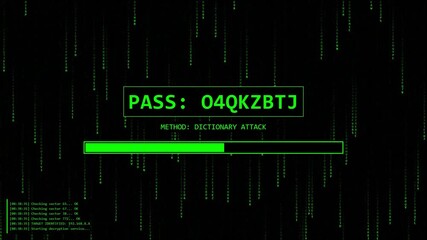 Flat-style cyberpunk terminal interface featuring password cracking, progress bars, and an "Access Granted" flash against a clean code rain background.