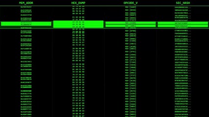 Four columns of scrolling green hexadecimal and assembly code featuring a scanning line effect that accelerates into a high-speed glitch surge, ending with a "Data Secured" confirmation. - Powered by Adobe