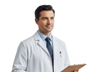 Confident male doctor smiling and holding a clipboard, isolated on transparent background