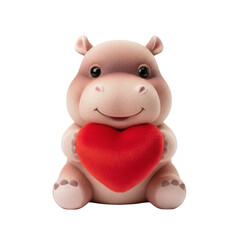 Fototapeta premium Cute Hippo Doll Holding Red Velvet Heart, cutout isolated on transparent background