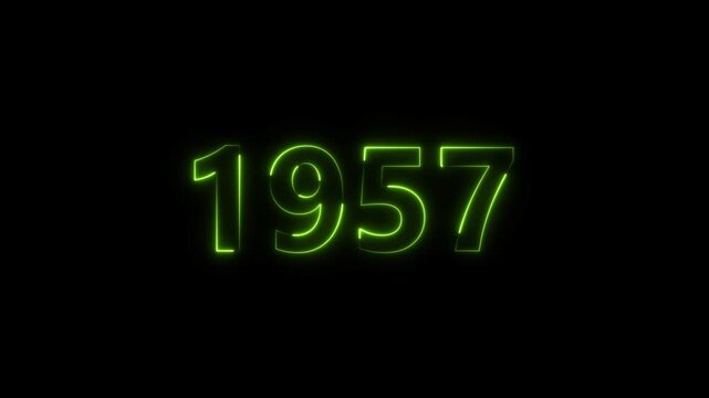 1957 Sal neon bright number lime green color animation. Clock icon 1957-year beautiful neon text concept on black background.
