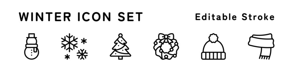 冬のアイコンセット（雪だるま、雪の結晶、ツリー、リース、ニット帽、マフラー）