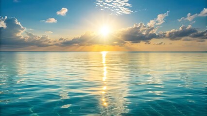 Golden sun setting over calm ocean water with dramatic clouds and reflection.