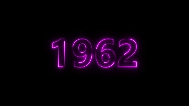 1962 Sal neon bright number magenta color animation. Clock icon 1962-year beautiful neon text concept on black background.
