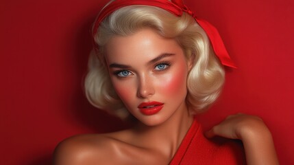 A beautiful woman with blonde hair and striking red lipstick is pictured wearing a vibrant red dress. This image evokes confidence, glamour, and sophistication.