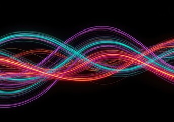 Dynamic digital visualization showing multiple colored curves and lines moving in perfect rhythm and synchronized flow across the dark background ,geometry ,pattern ,integration