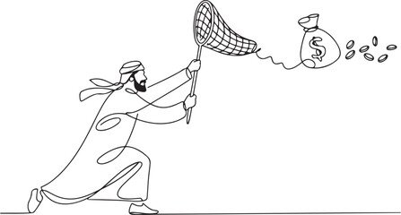 Single one line drawing Arabian businessman try to catching flying money bag with butterfly net. Failed to get annual bonus. Business metaphor. one line Icon drawing