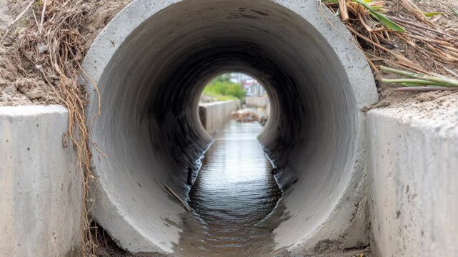 Tunnel view looking through a large concrete culvert pipe with flowing water leading toward a ditch and distant cityscape.
