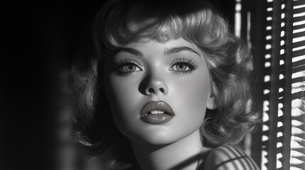 A stunning black and white portrait of a woman capturing the essence of classic Hollywood glamour. Featuring distinctive makeup and hairstyle, this image evokes a timeless and elegant aesthetic.