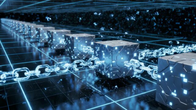 Blockchain Cubes Network Exploding in Digital Cyberspace, Technology Concept