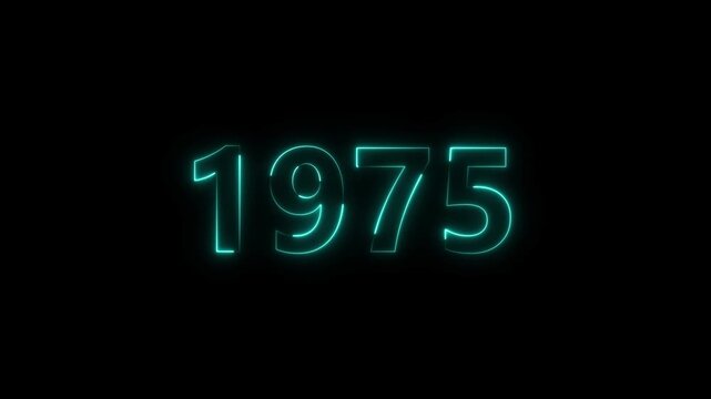 1975 Sal neon bright number cyan color animation. Clock icon 1975-year beautiful neon text concept on black background.
