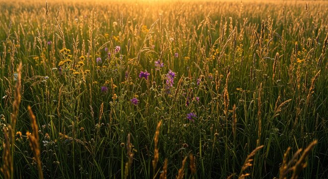 Golden sunlight illuminates a dense meadow of tall grasses and blooming wildflowers on a hot summer afternoon, capturing the essence of peak nature ,natural ,heat ,peaceful - Powered by Adobe