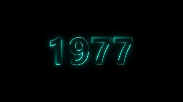 1977 Sal neon bright number cyan color animation. Clock icon 1977-year beautiful neon text concept on black background.
