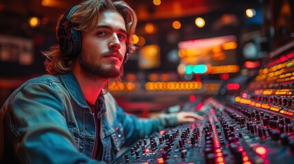 A man intently works on a soundboard surrounded by colorful lights, suggesting audio production or a creative project.