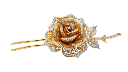 Ornate gold jewelry piece of a rose with diamond accents and stem