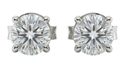 Close-up of two sparkling diamond stud earrings set in platinum or white gold, isolated on black