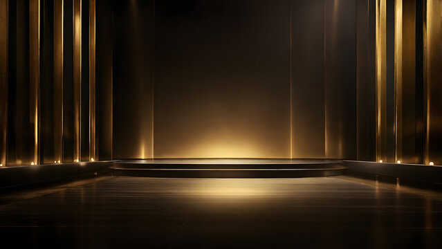 Luxurious golden stage with podium and illuminated background