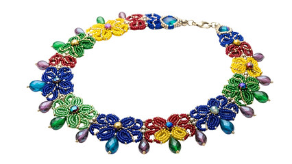 A vibrant, handcrafted necklace with colorful floral embellishments and sparkling gemstone accents
