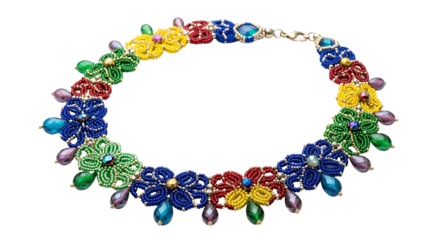 A vibrant, handcrafted necklace with colorful floral embellishments and sparkling gemstone accents