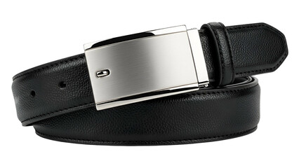 Close-up of a black leather belt with a silver, modern buckle, against a dark background