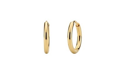 Two glossy gold hoop earrings displayed on a black background, simple and elegant
