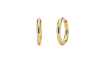 Two glossy gold hoop earrings displayed on a black background, simple and elegant