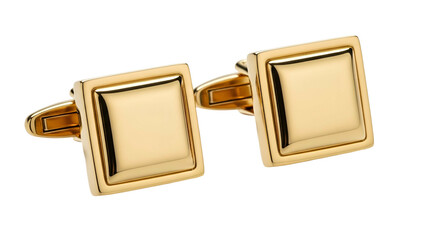 Close-up of two polished, square gold cufflinks, with a black background