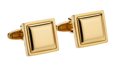 Close-up of two polished, square gold cufflinks, with a black background