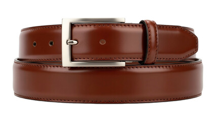 Shiny brown leather belt with silver buckle, centered on black background