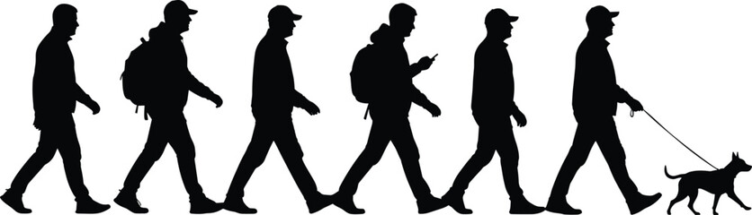 Silhouette evolution of man walking with backpack checking smartphone then walking dog, urban lifestyle activity concept, modern daily routine illustration