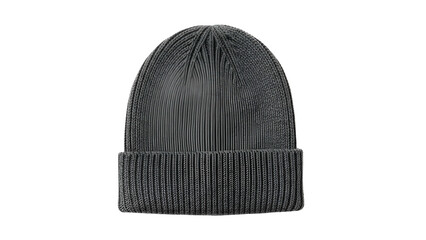 A close-up of a dark gray ribbed knit cap against a plain black background