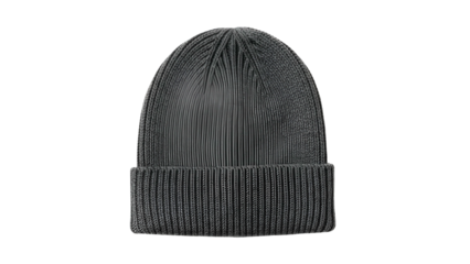 A close-up of a dark gray ribbed knit cap against a plain black background
