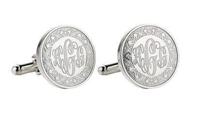 Close-up of two elegant silver cufflinks with personalized monogram and intricate border design
