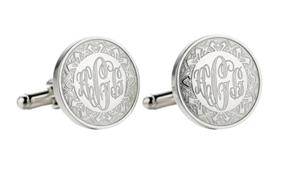 Close-up of two elegant silver cufflinks with personalized monogram and intricate border design