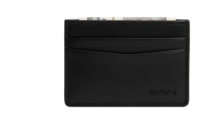 Black leather card holder with a bill peeking out, set against a black background