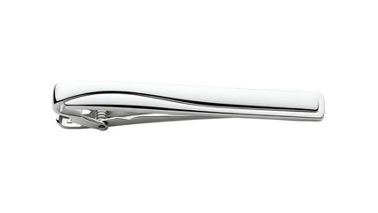Polished silver tie bar, curved design, centered on black. Reflective, minimalist