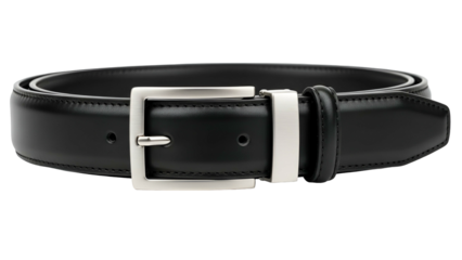 Elegant, black, leather belt with a shiny silver buckle, isolated on a black background