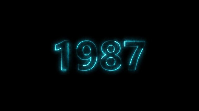 1987 Sal neon bright number cyan color animation. Clock icon 1987-year beautiful neon text concept on black background.
