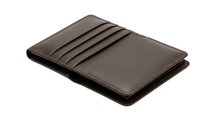 Angled shot of a dark brown leather cardholder with visible card slots