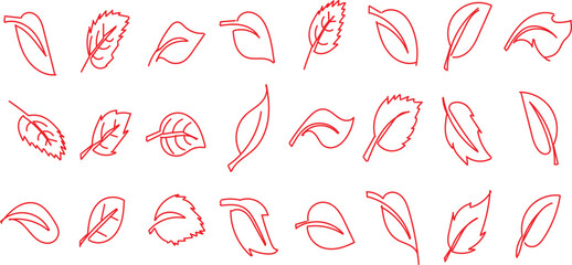collection of various red leaf icons or symbols presented on a white background. 