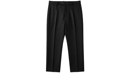 Formal, dark grey trousers, straight leg, front view, hanging against black backdrop