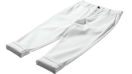White, neatly folded trousers with rolled cuffs, shot against a stark black background