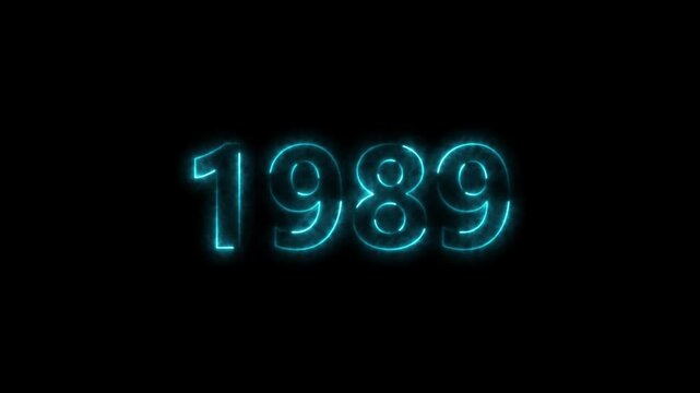 1989 Sal neon bright number cyan color animation. Clock icon 1989-year beautiful neon text concept on black background.
