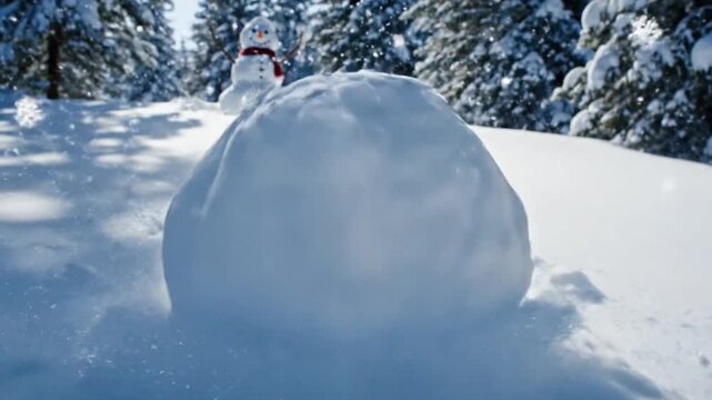 Snowball Rolling Down a Snowy Hill in Front of a Snowman

