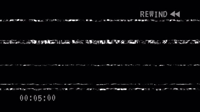 VHS rewind screen with horizontal static lines, noise textures, and timestamp display on transparent background. 4K video