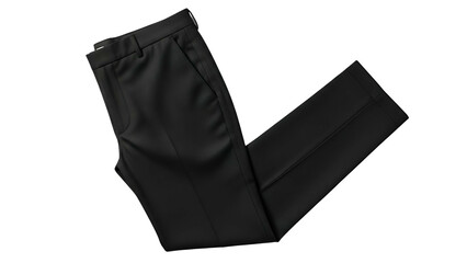 A pair of sleek, folded black trousers, top-down view, isolated on black background